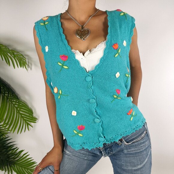 Womens Vintage 70s Blue Floral Embroidered Cottagecore Grandma Knit Vest / Small - Picture 3 of 6